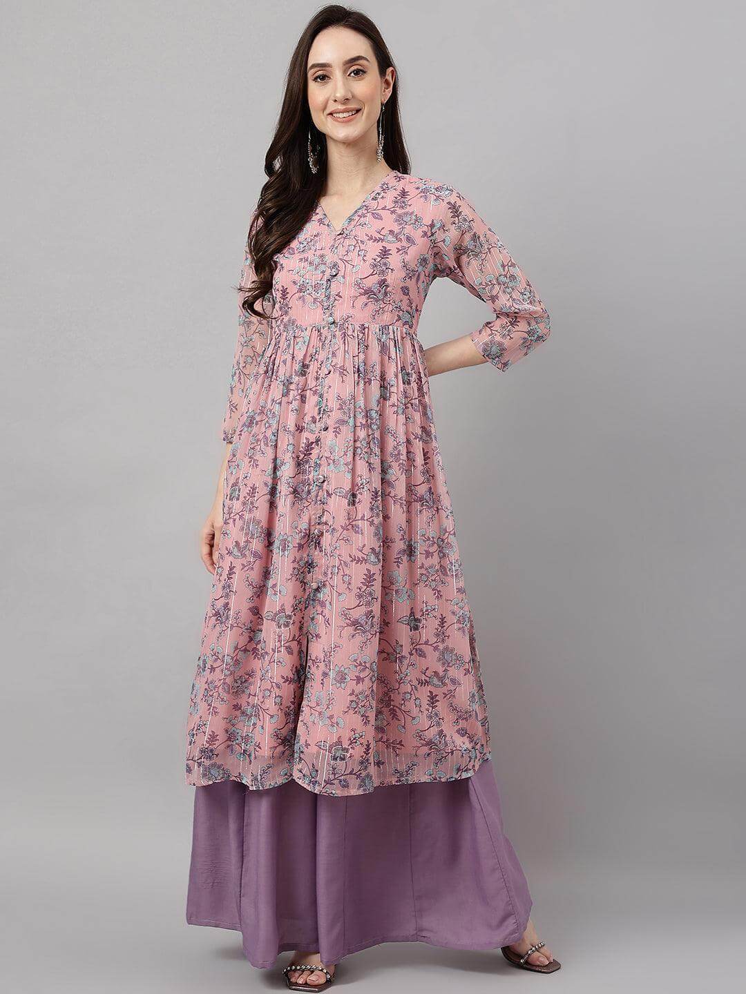 Women's Pink Chiffon Lurex Floral Printed Flared Kurta
