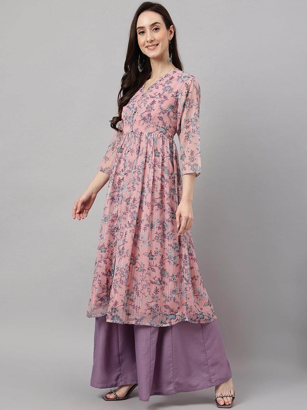 Women's Pink Chiffon Lurex Floral Printed Flared Kurta