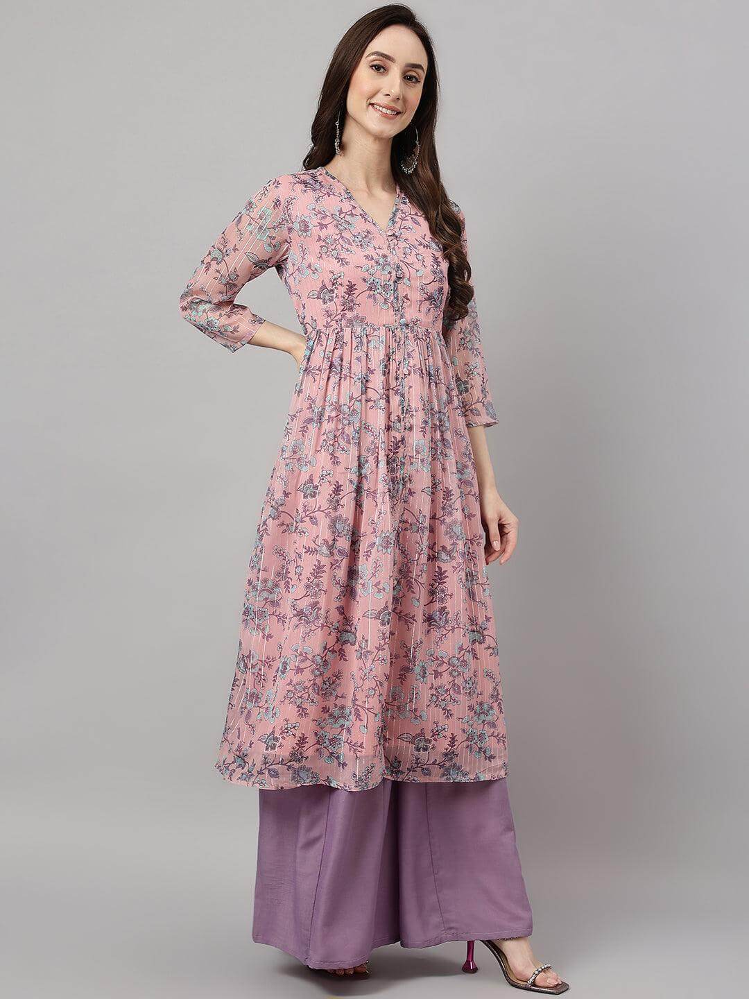 Women's Pink Chiffon Lurex Floral Printed Flared Kurta