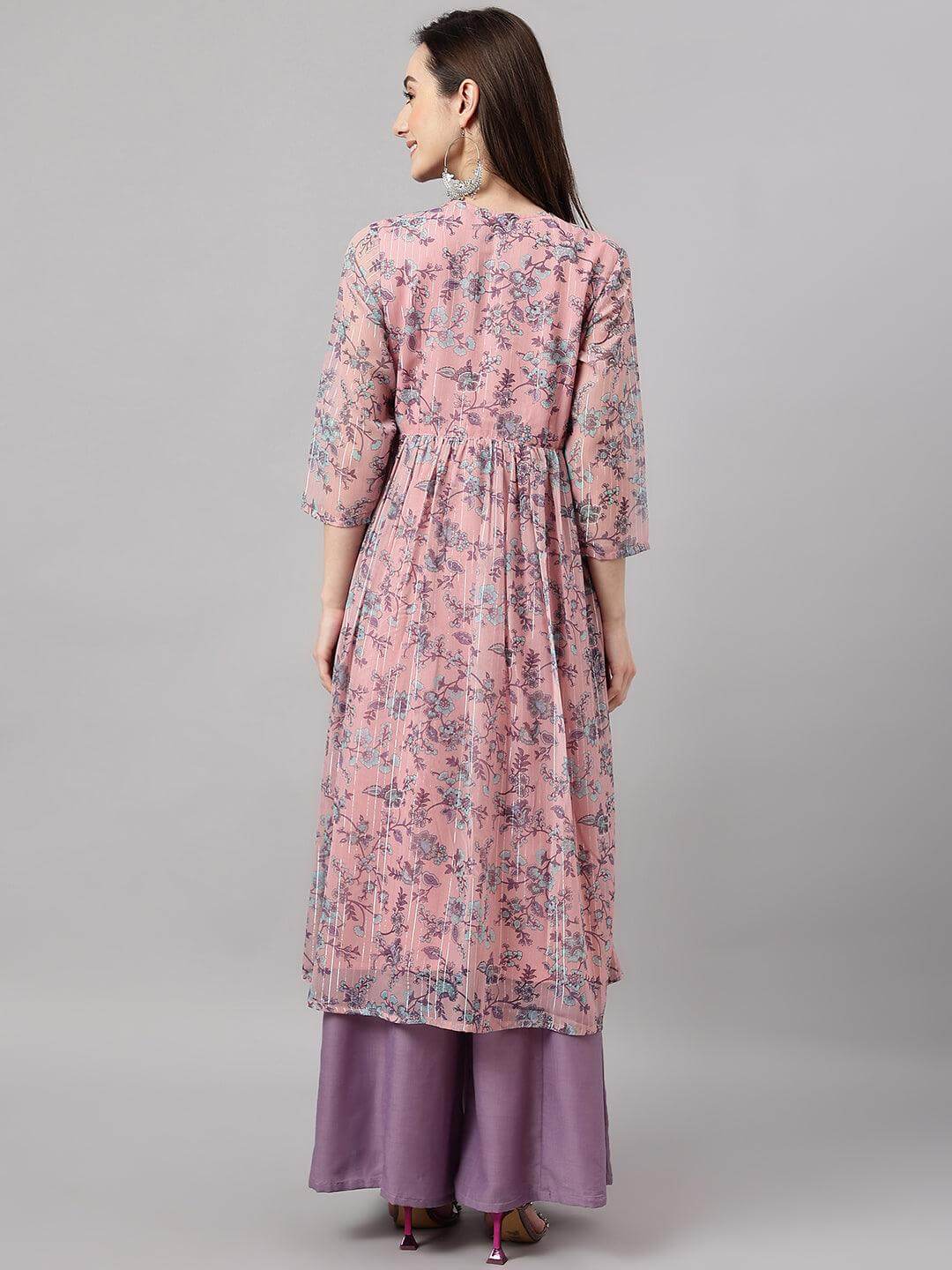 Women's Pink Chiffon Lurex Floral Printed Flared Kurta