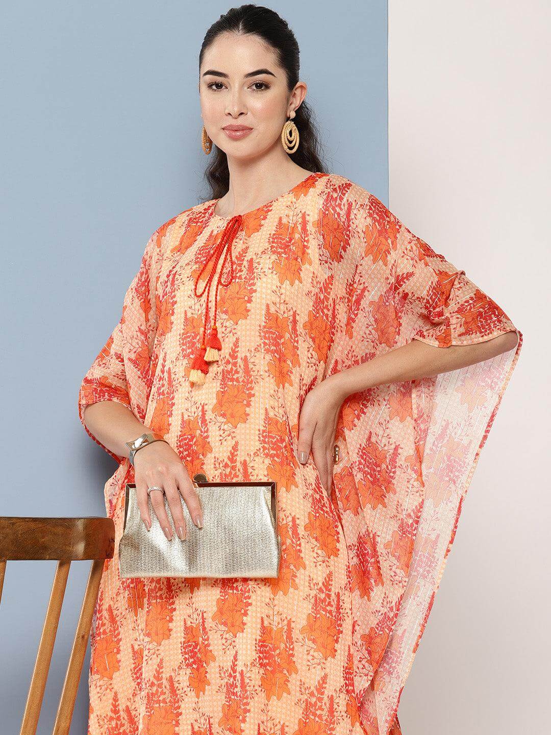 Orange Chiffon Lurex Floral Printed Kaftan Kurta