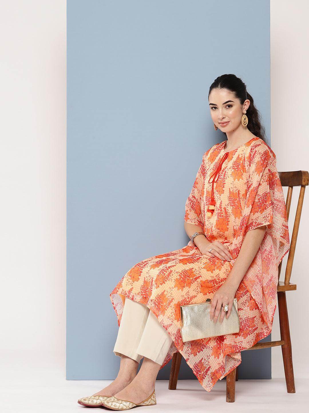 Orange Chiffon Lurex Floral Printed Kaftan Kurta
