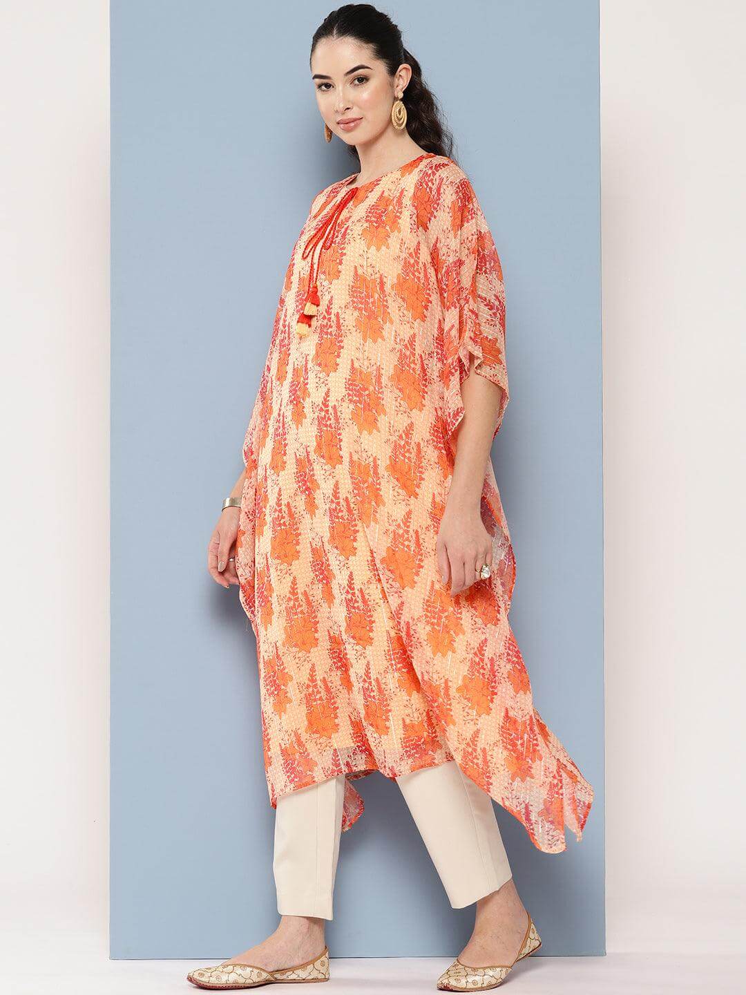 Orange Chiffon Lurex Floral Printed Kaftan Kurta