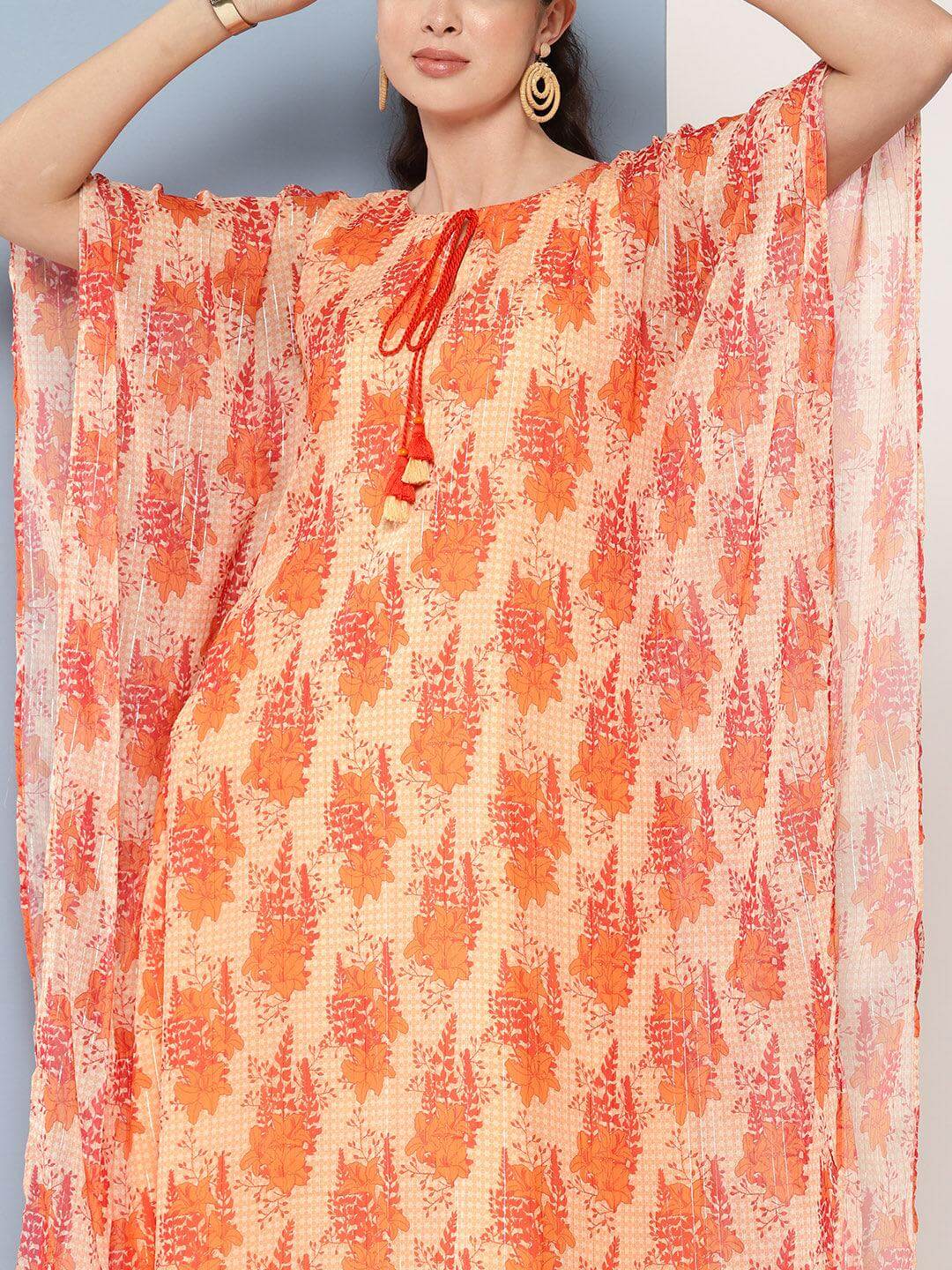 Orange Chiffon Lurex Floral Printed Kaftan Kurta