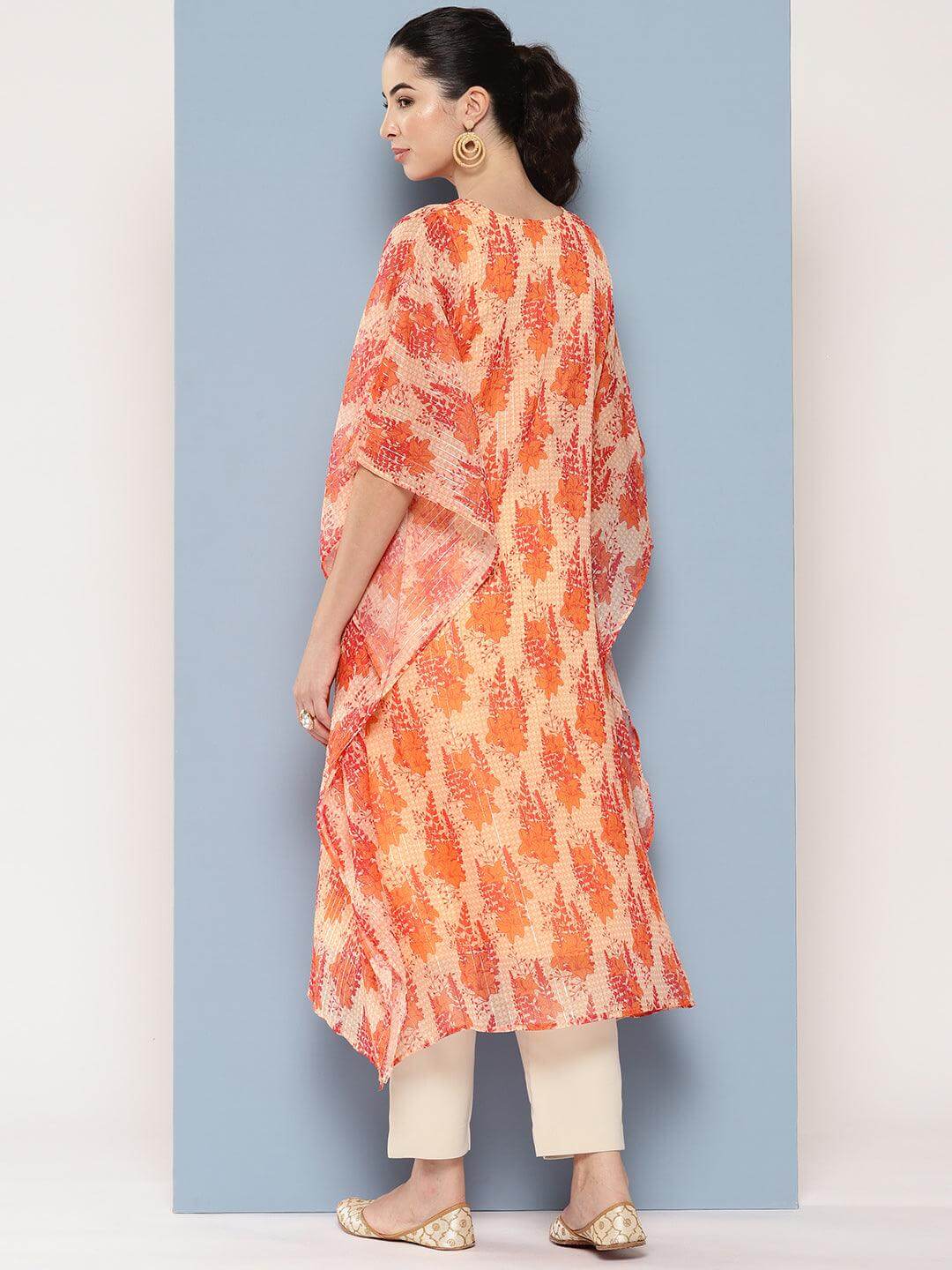 Orange Chiffon Lurex Floral Printed Kaftan Kurta