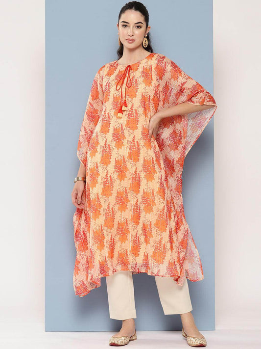 Orange Chiffon Lurex Floral Printed Kaftan Kurta