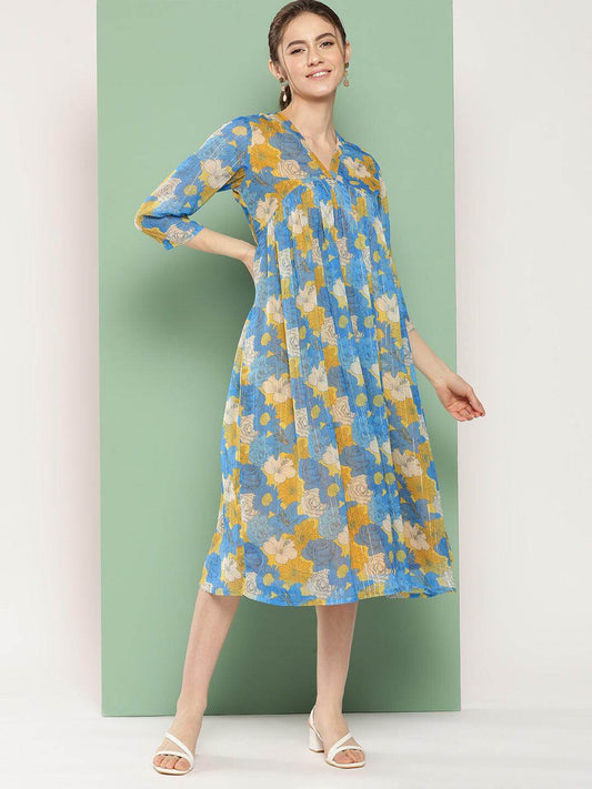 Yellow Chiffon Lurex Floral Printed flared Kurta