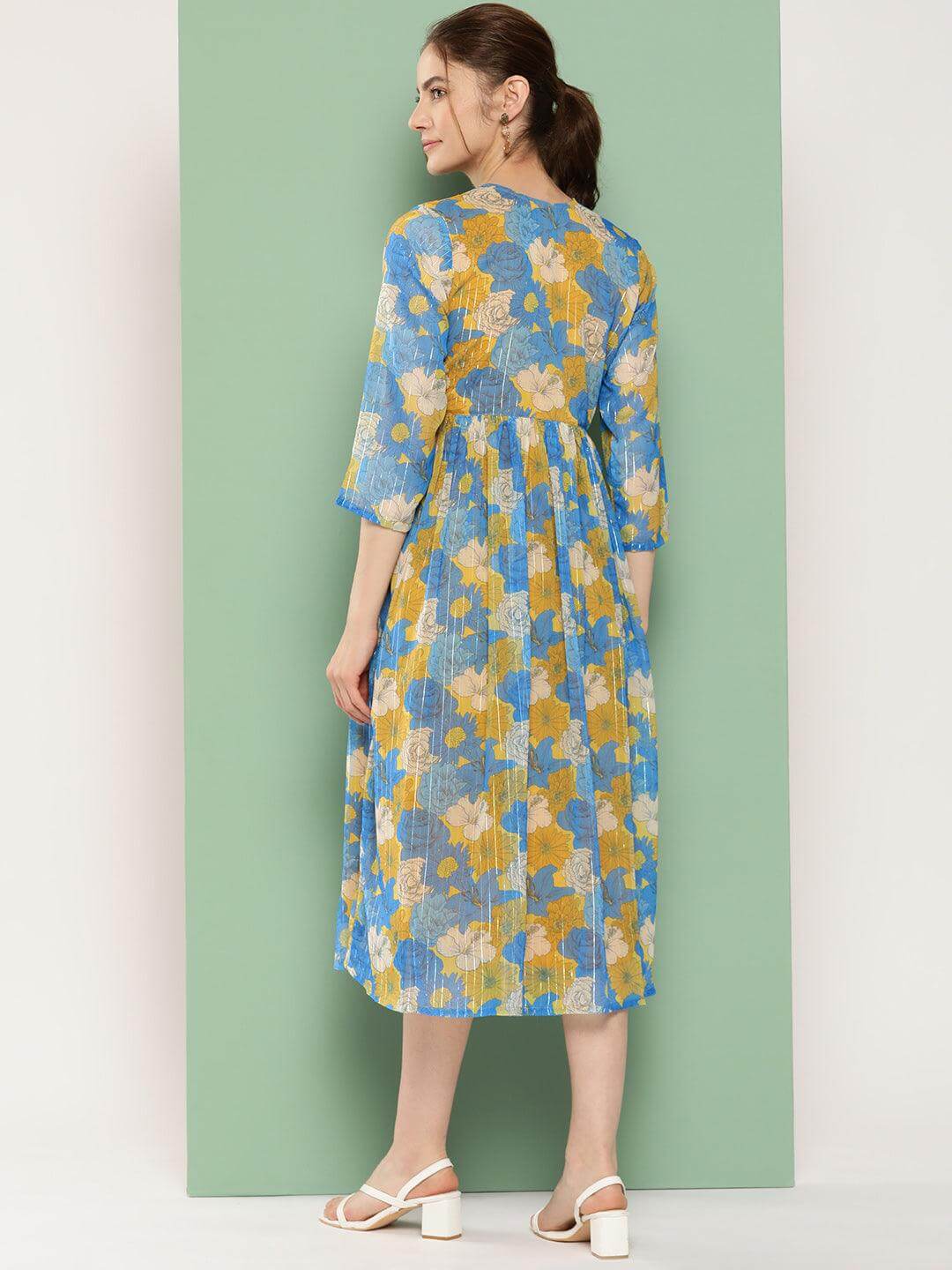 Yellow Chiffon Lurex Floral Printed flared Kurta