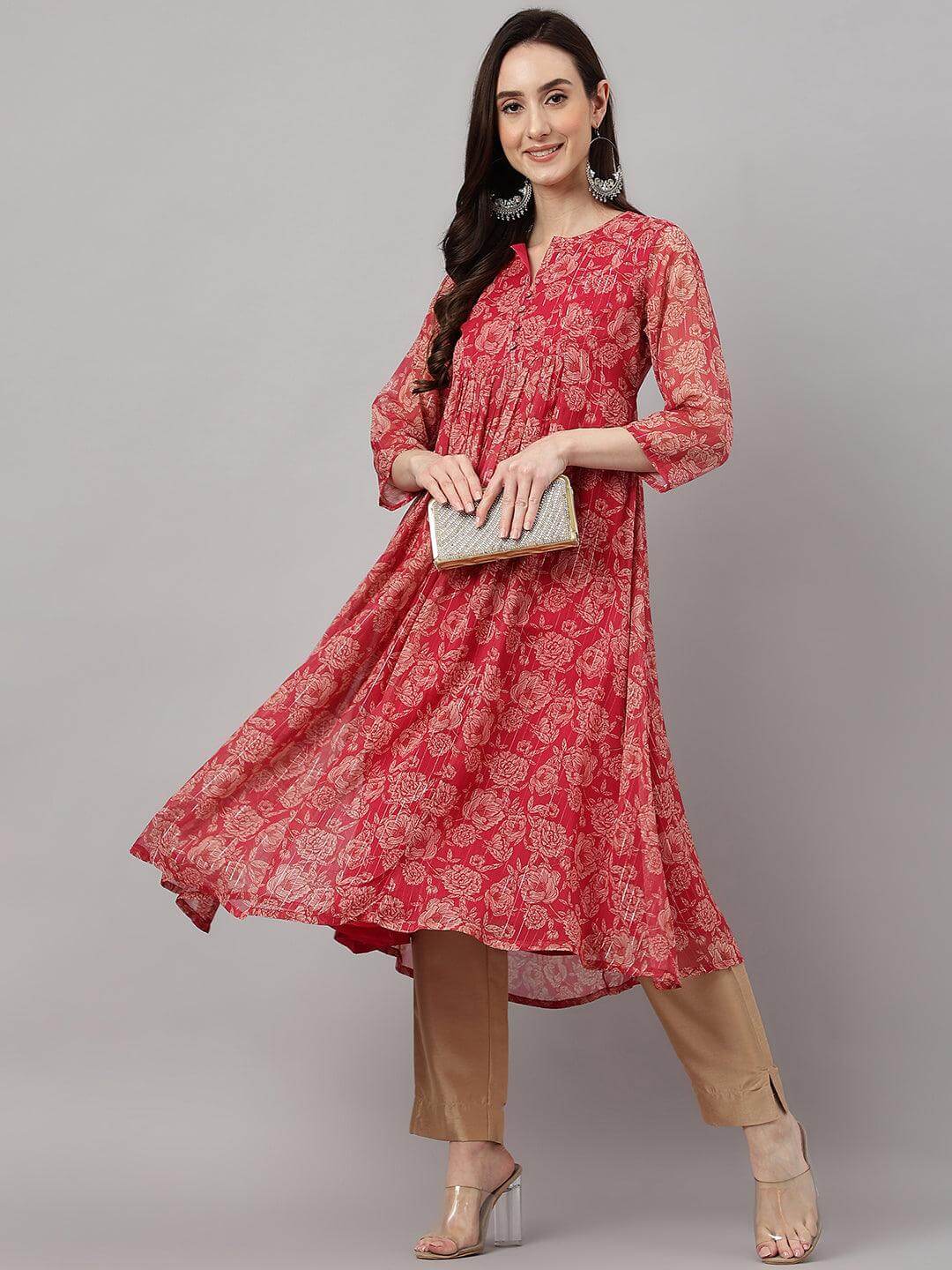 Women's Dark Pink Chiffon Lurex Floral Printed flared Kurta