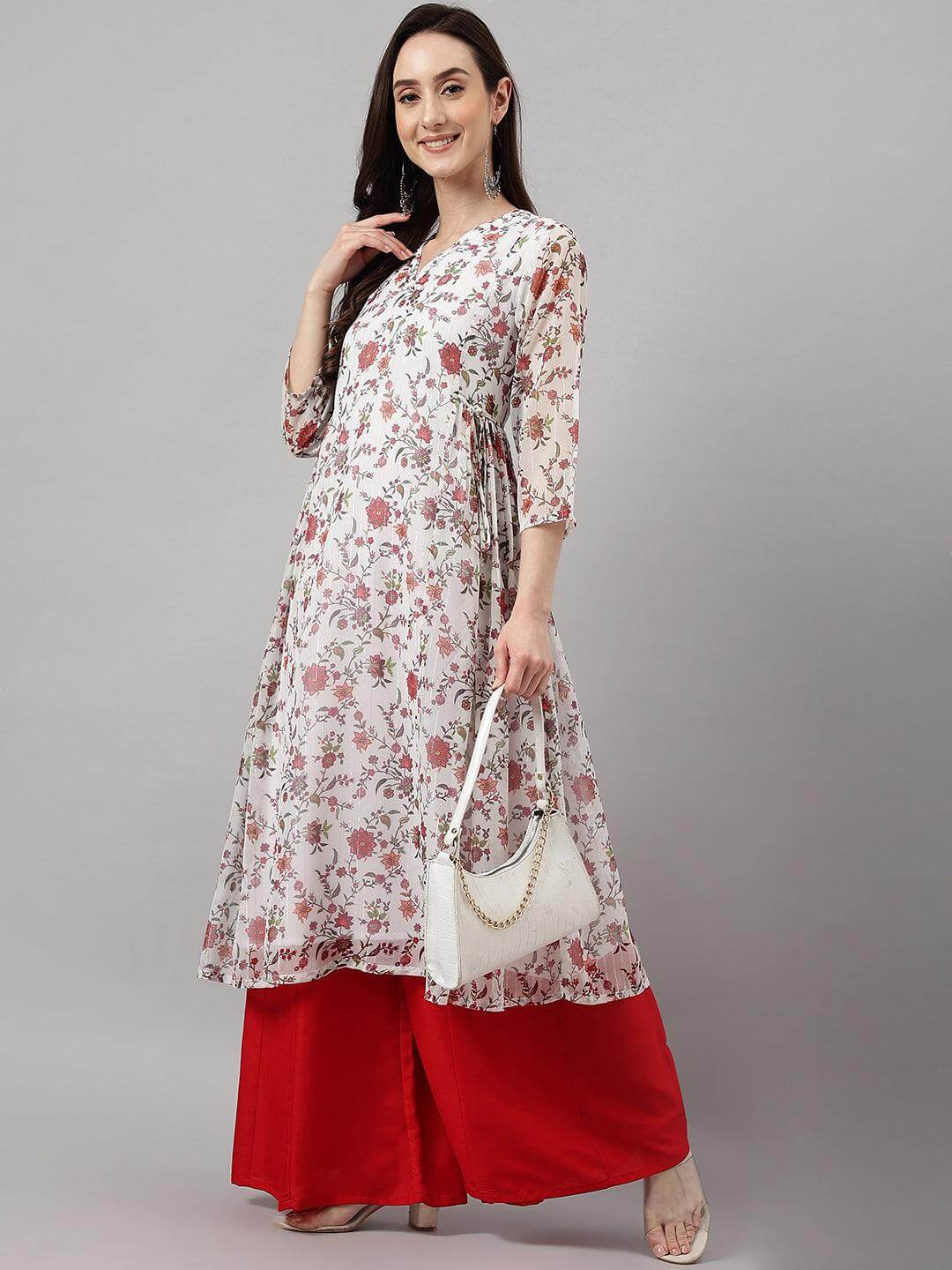 Women's White Chiffon Lurex Floral Printed flared Kurta