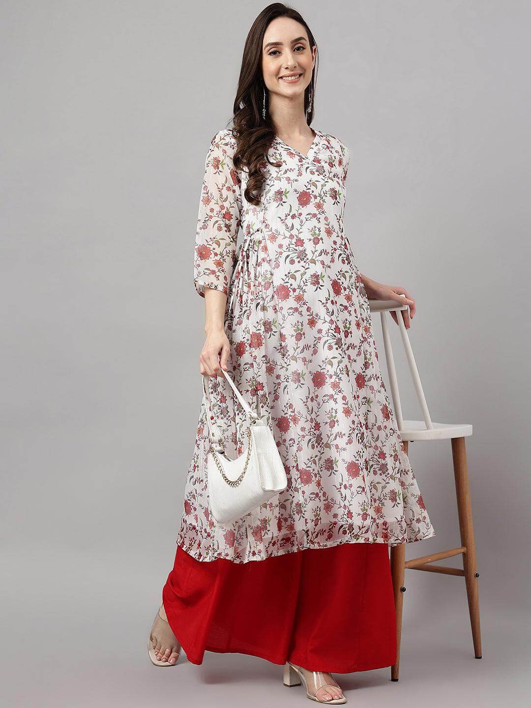 Women's White Chiffon Lurex Floral Printed flared Kurta