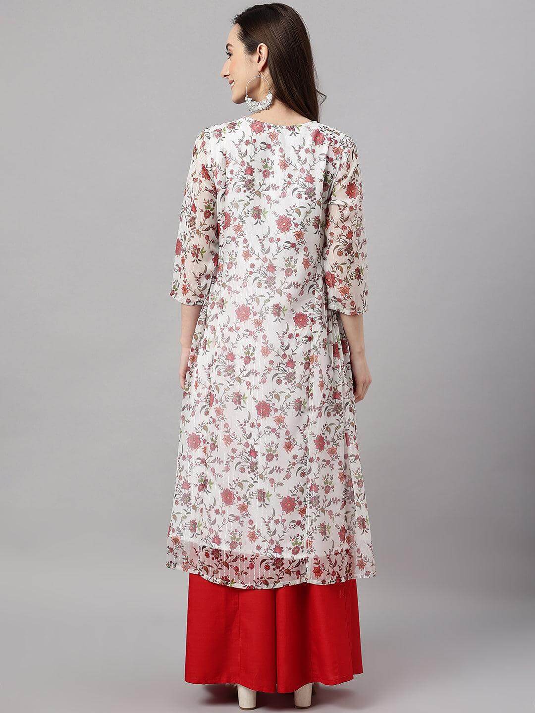 Women's White Chiffon Lurex Floral Printed flared Kurta