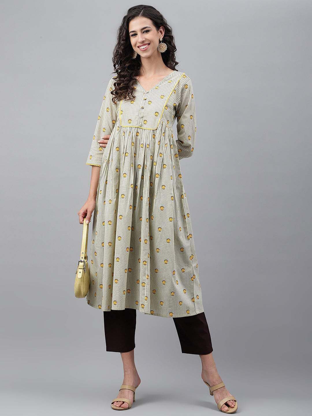 Light Yellow Cotton Floral Printed Flared Kurta