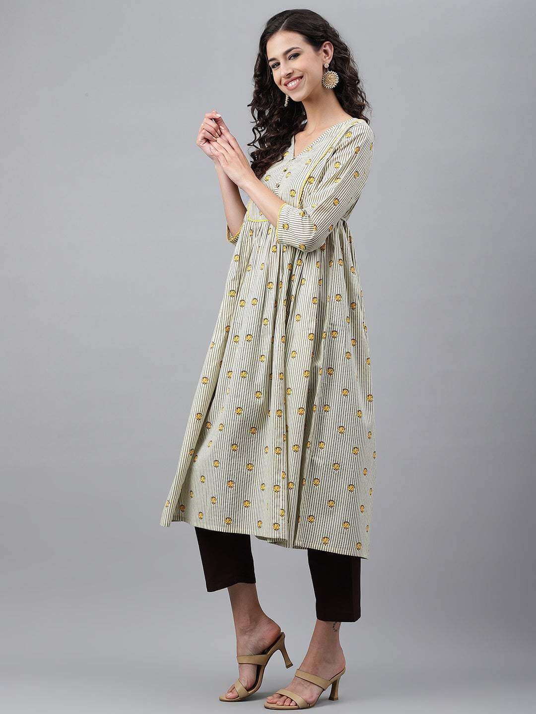 Light Yellow Cotton Floral Printed Flared Kurta