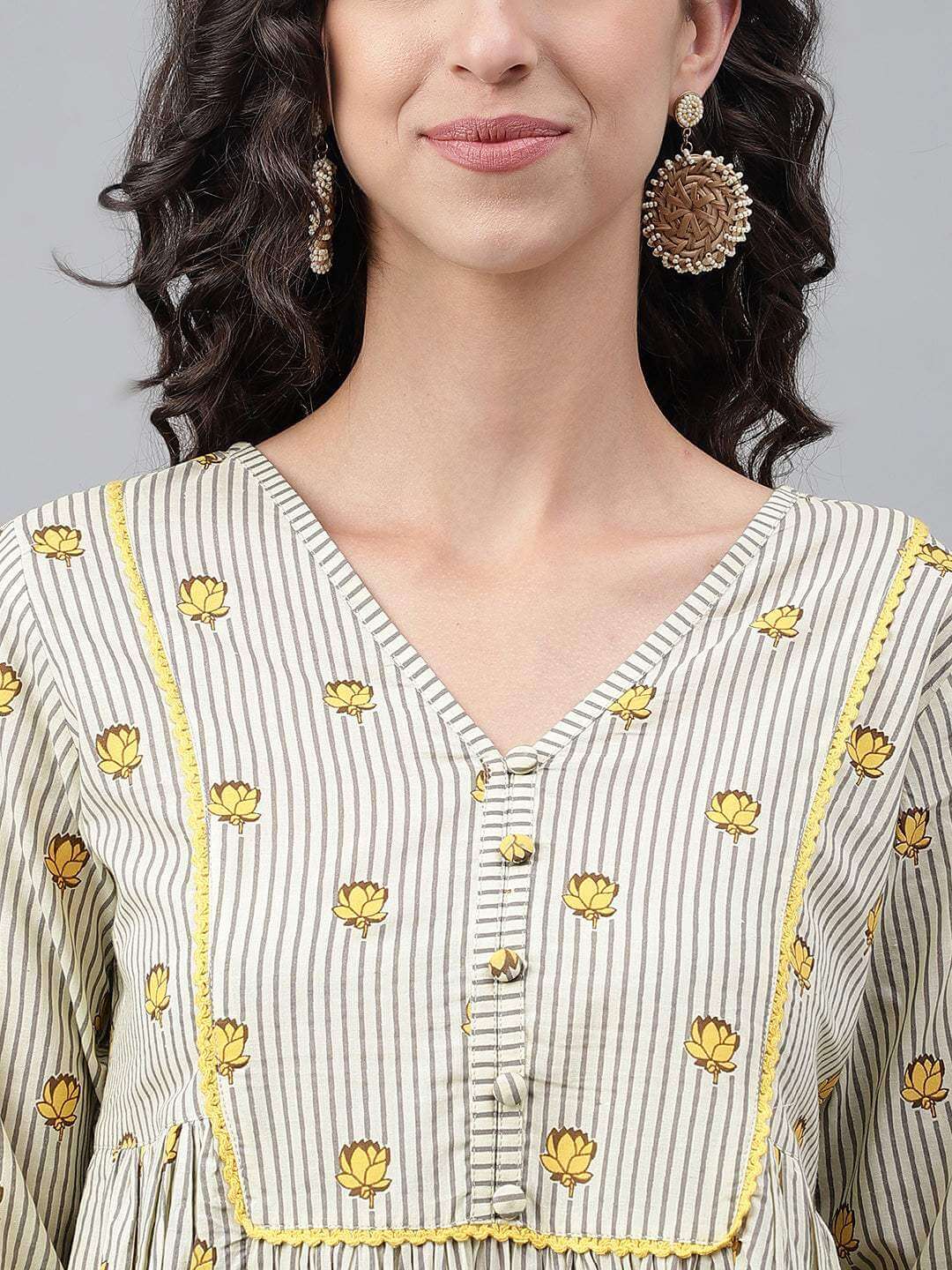 Light Yellow Cotton Floral Printed Flared Kurta