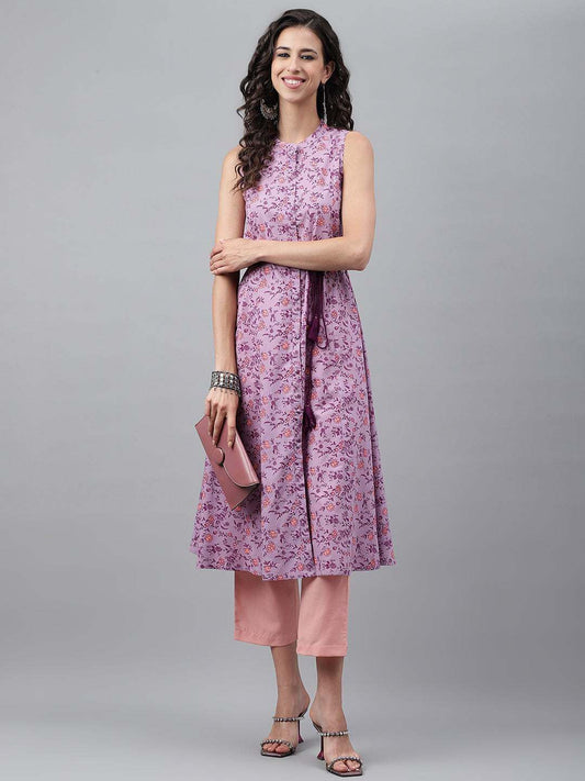 Lavender Cotton Floral Printed A-Line Kurta