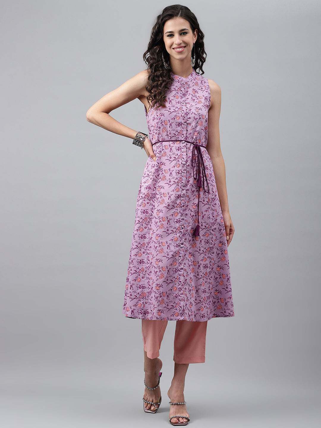 Lavender Cotton Floral Printed A-Line Kurta