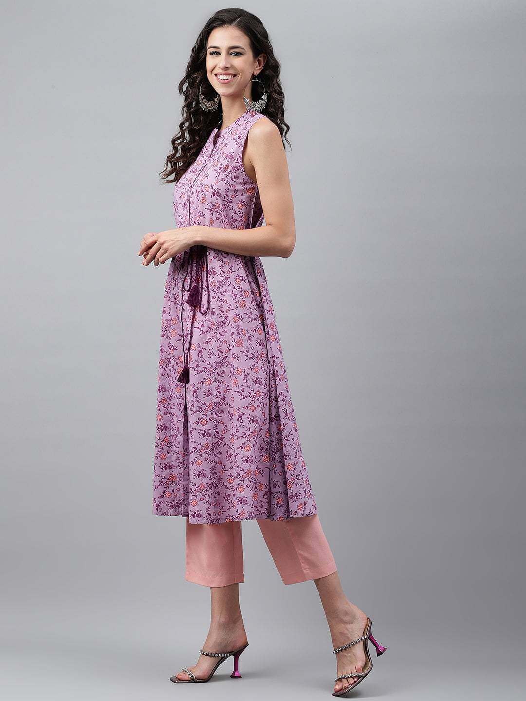 Lavender Cotton Floral Printed A-Line Kurta