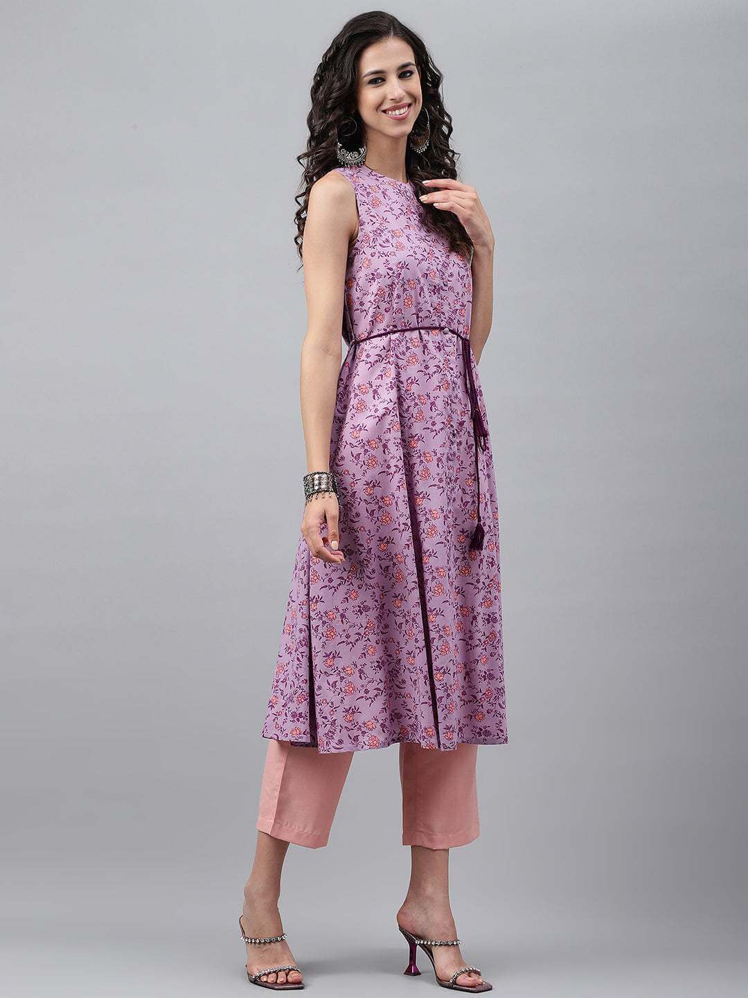 Lavender Cotton Floral Printed A-Line Kurta