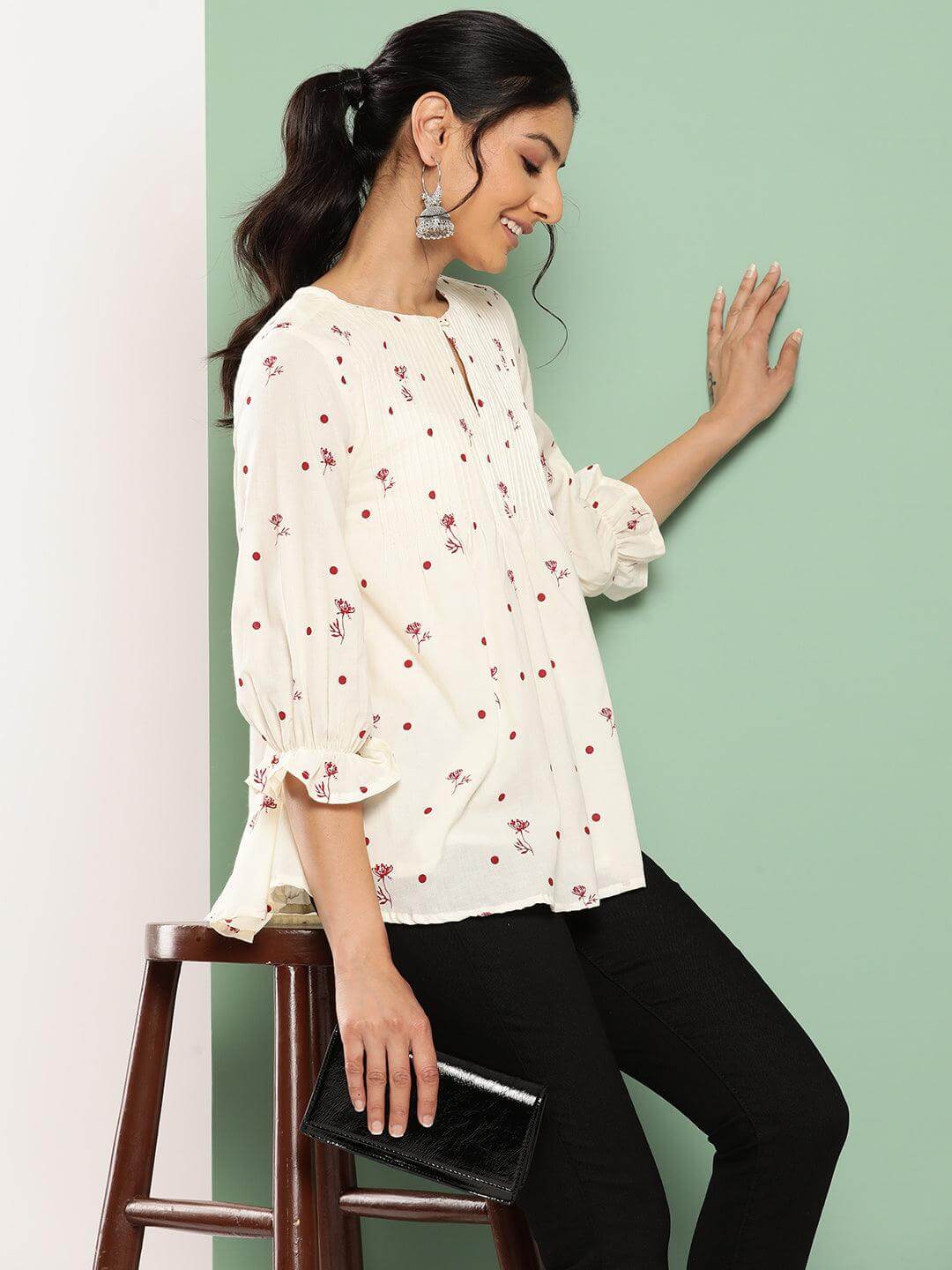 Off White Cambric Cotton Botanical Print Flared Top