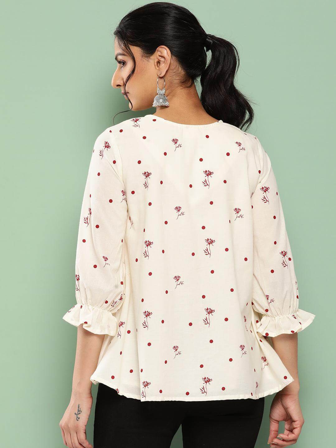 Off White Cambric Cotton Botanical Print Flared Top