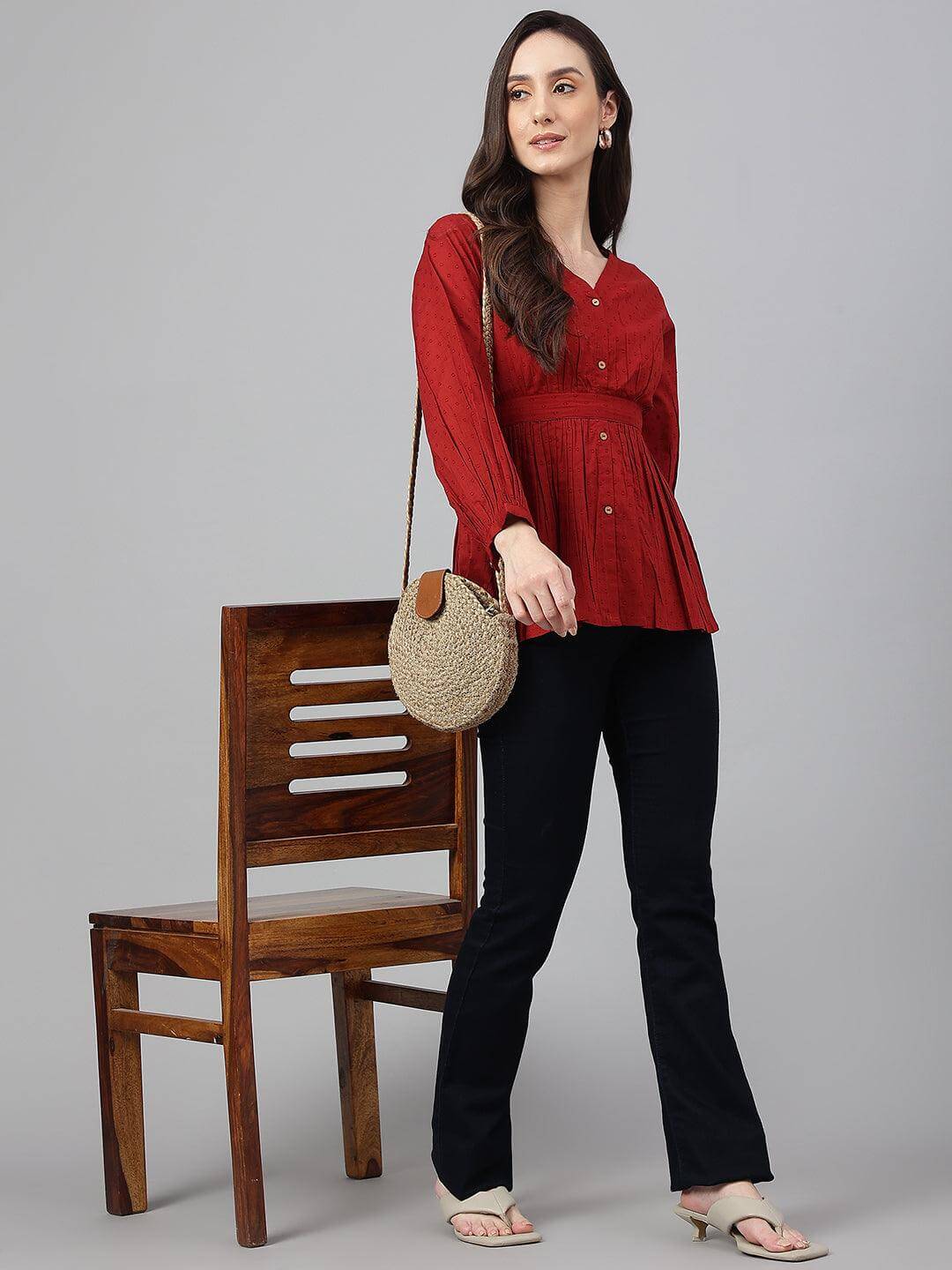 Maroon Dobby Cotton Solid Peplum Top