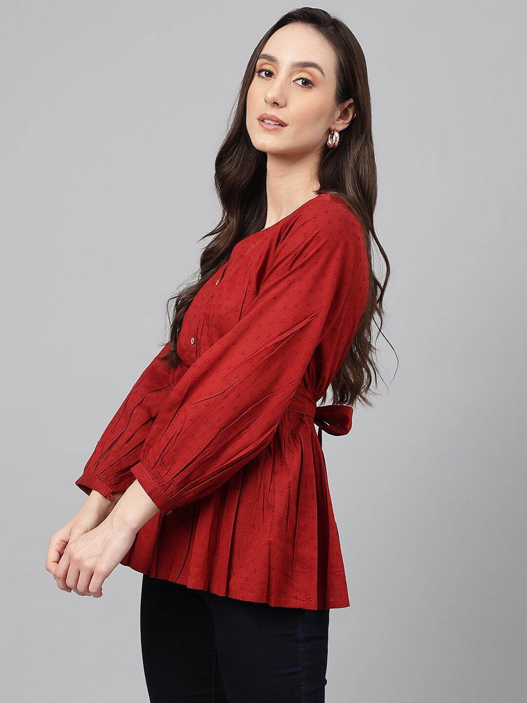 Maroon Dobby Cotton Solid Peplum Top