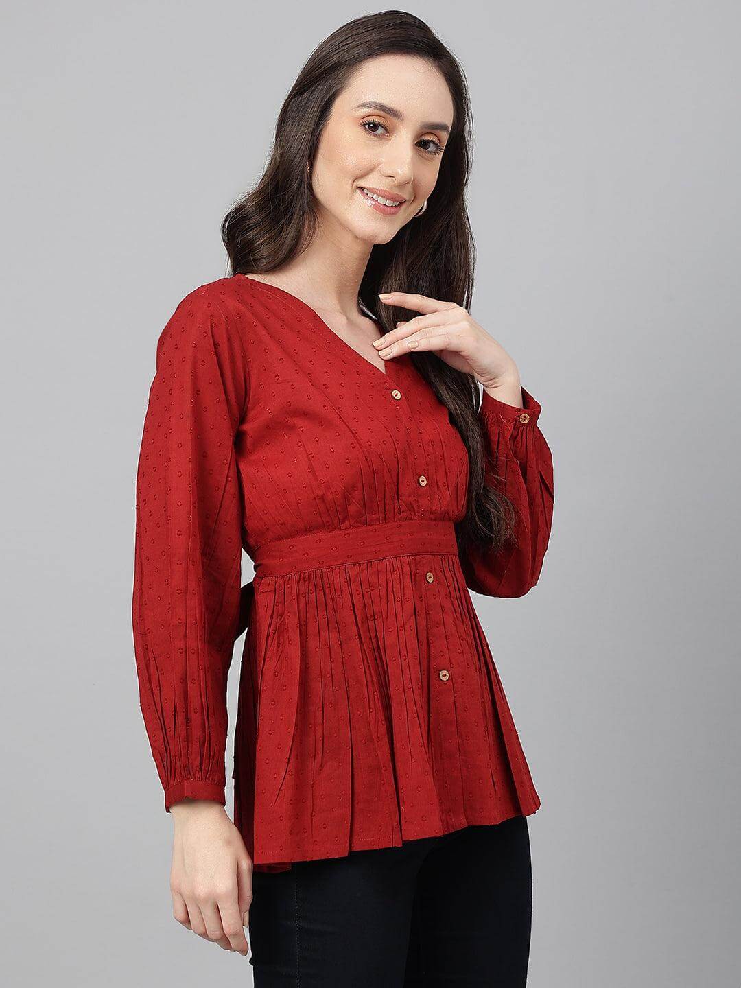 Maroon Dobby Cotton Solid Peplum Top