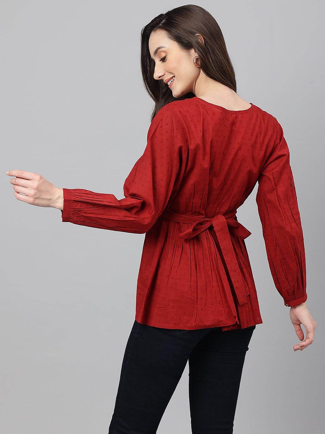 Maroon Dobby Cotton Solid Peplum Top