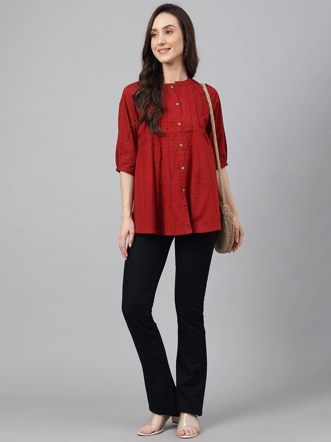 Maroon Cotton Dobby Solid Flared Top