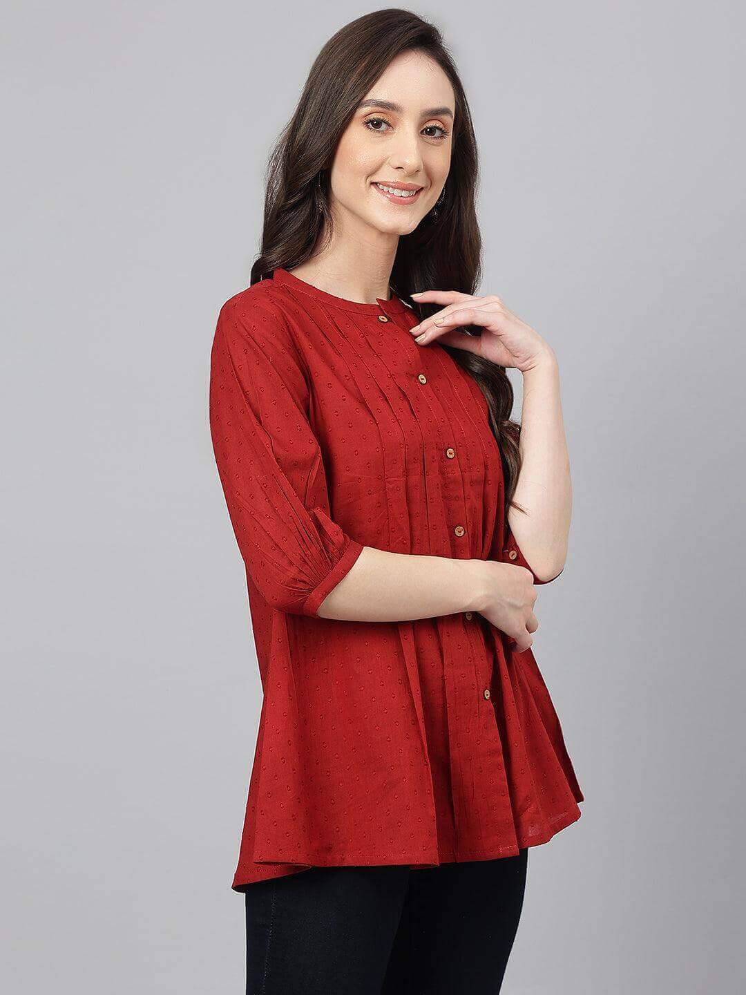 Maroon Cotton Dobby Solid Flared Top