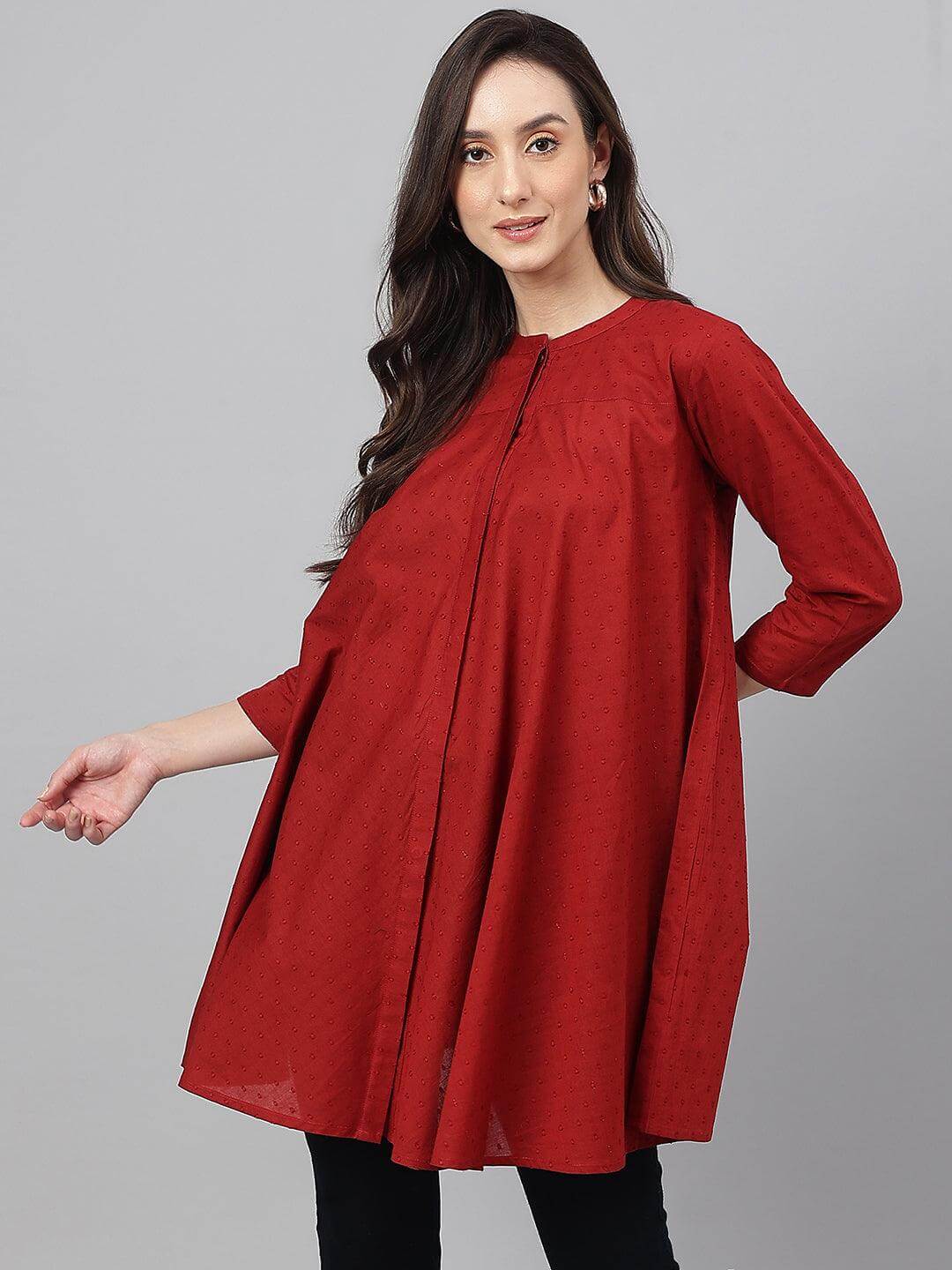 Maroon Dobby Cotton Solid A-Line Tunic