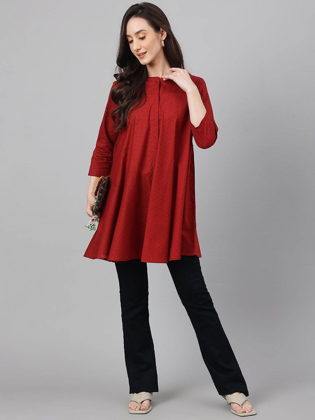 Maroon Dobby Cotton Solid A-Line Tunic