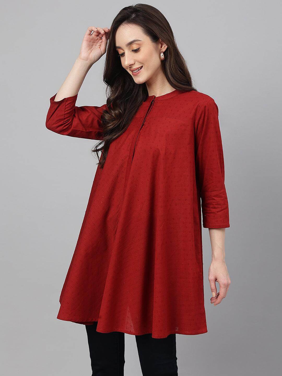 Maroon Dobby Cotton Solid A-Line Tunic