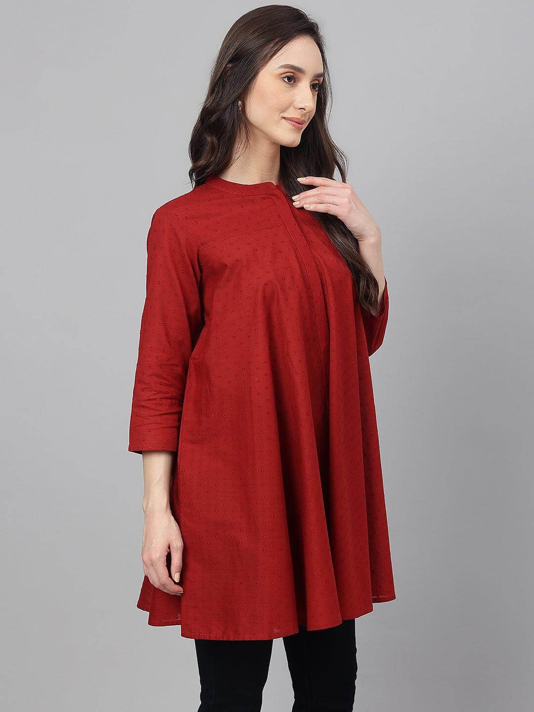 Maroon Dobby Cotton Solid A-Line Tunic