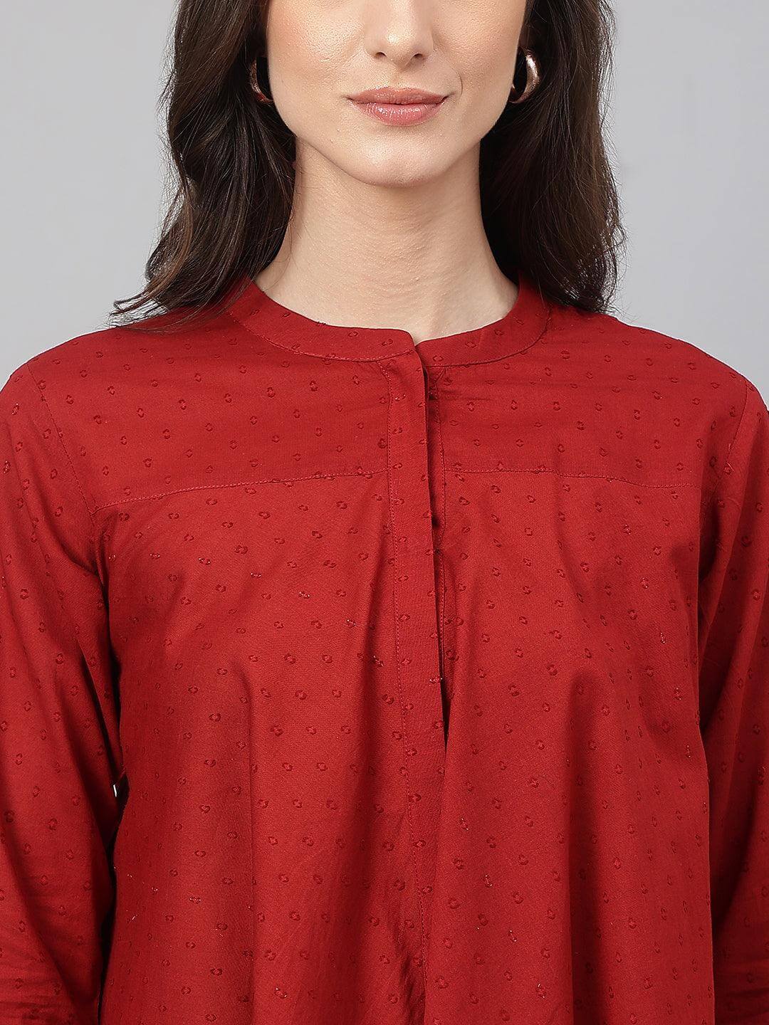 Maroon Dobby Cotton Solid A-Line Tunic