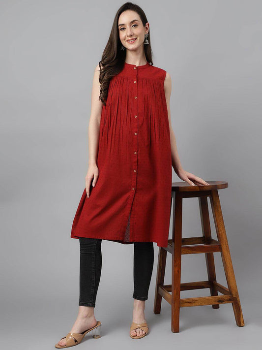 Maroon Dobby Cotton Solid Gathered Tunic