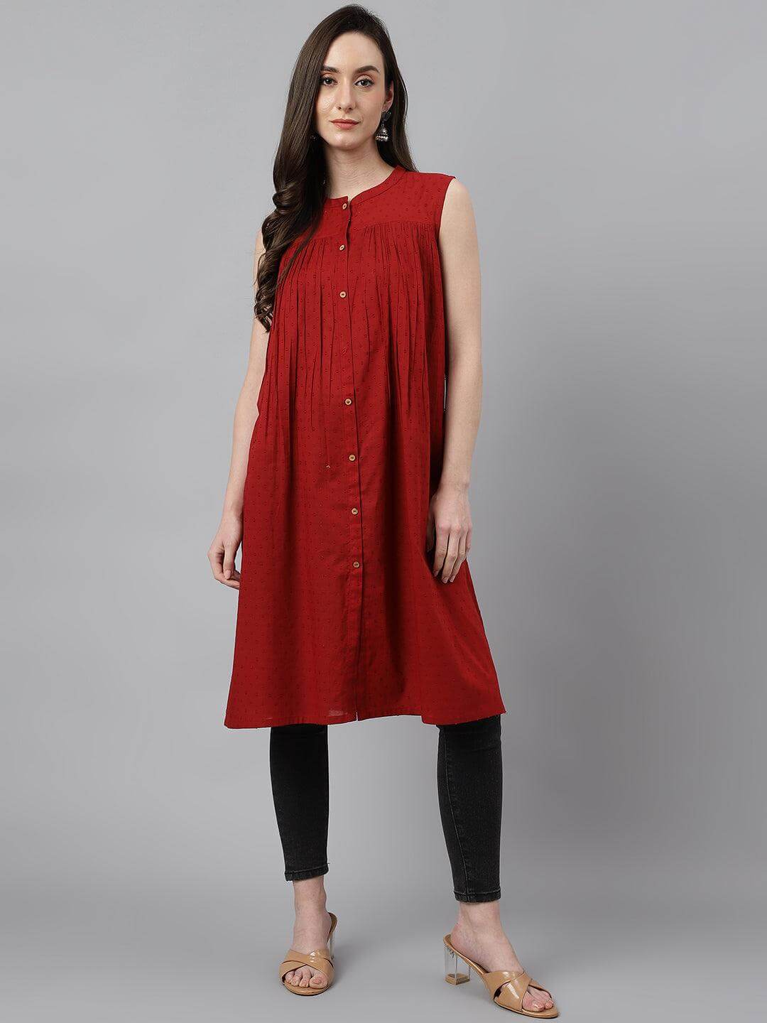 Maroon Dobby Cotton Solid Gathered Tunic