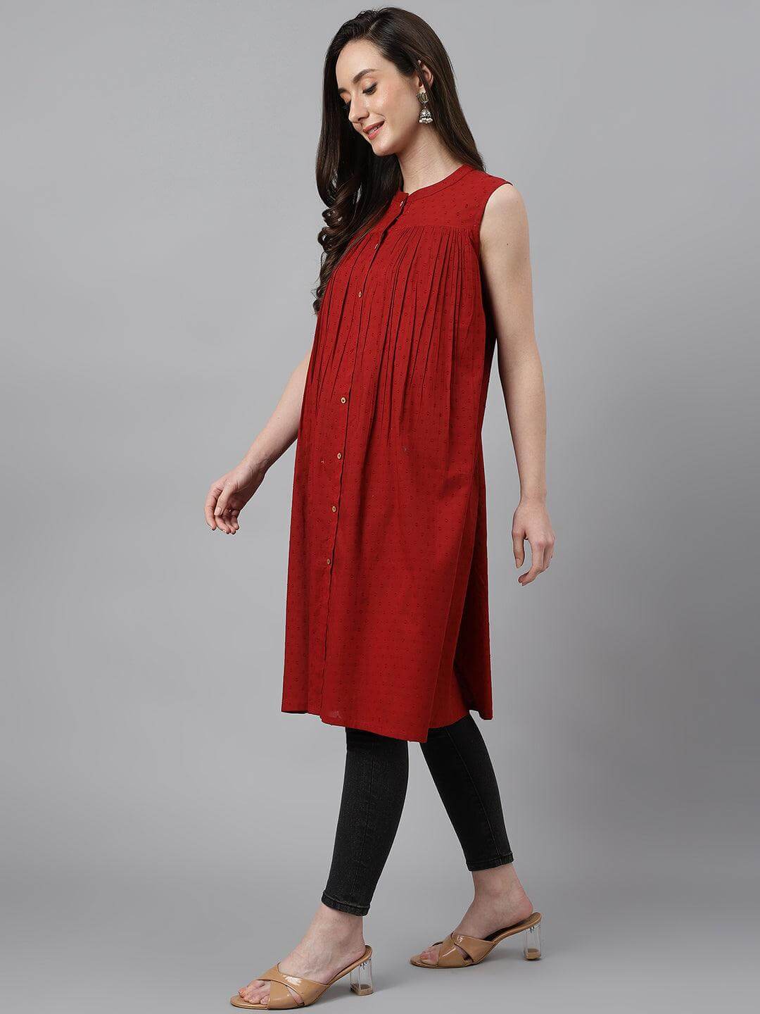 Maroon Dobby Cotton Solid Gathered Tunic