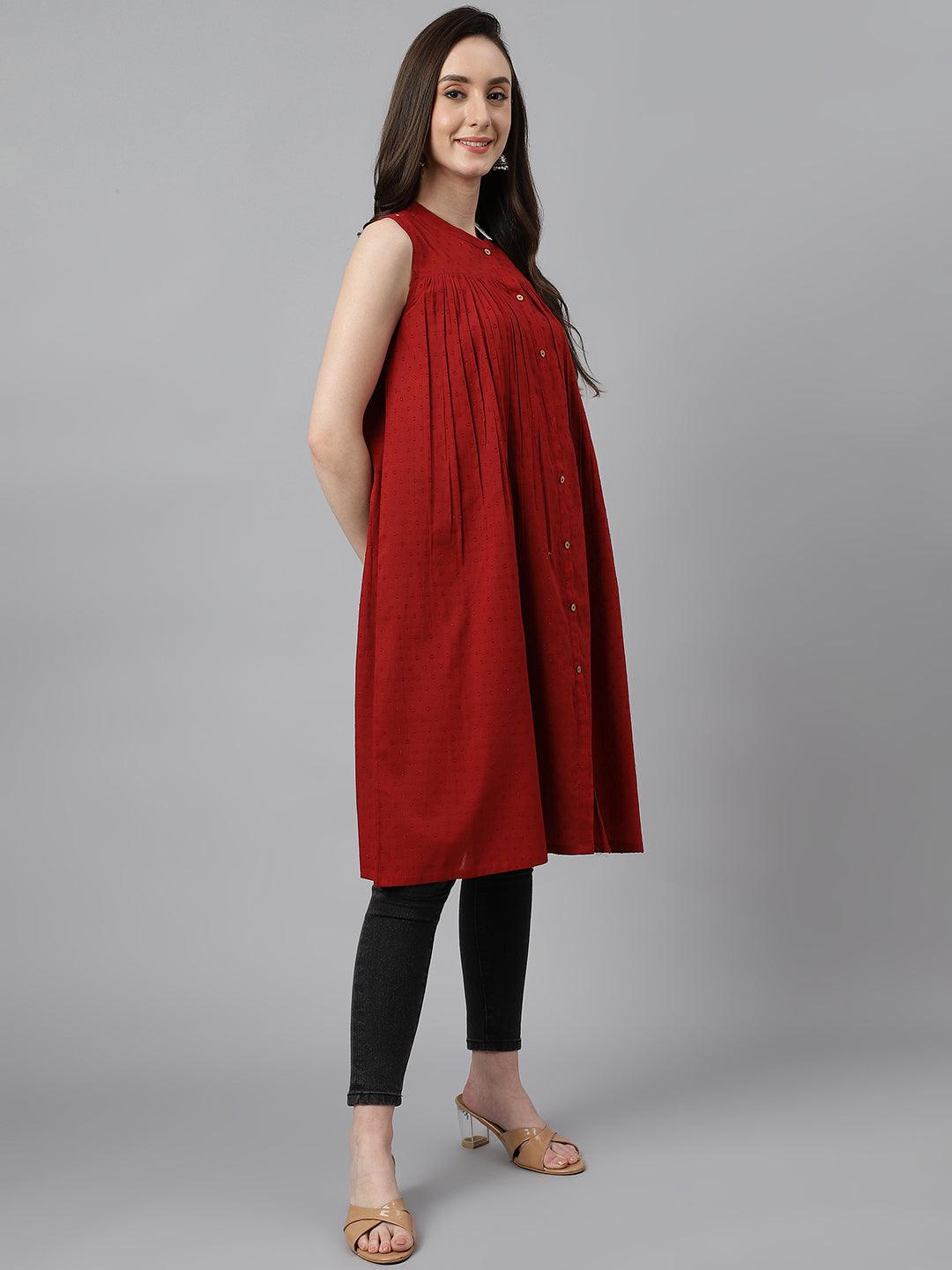 Maroon Dobby Cotton Solid Gathered Tunic