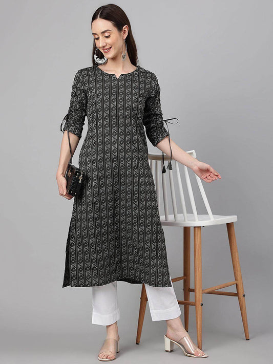 Black Cotton Woven Design Straight Kurta