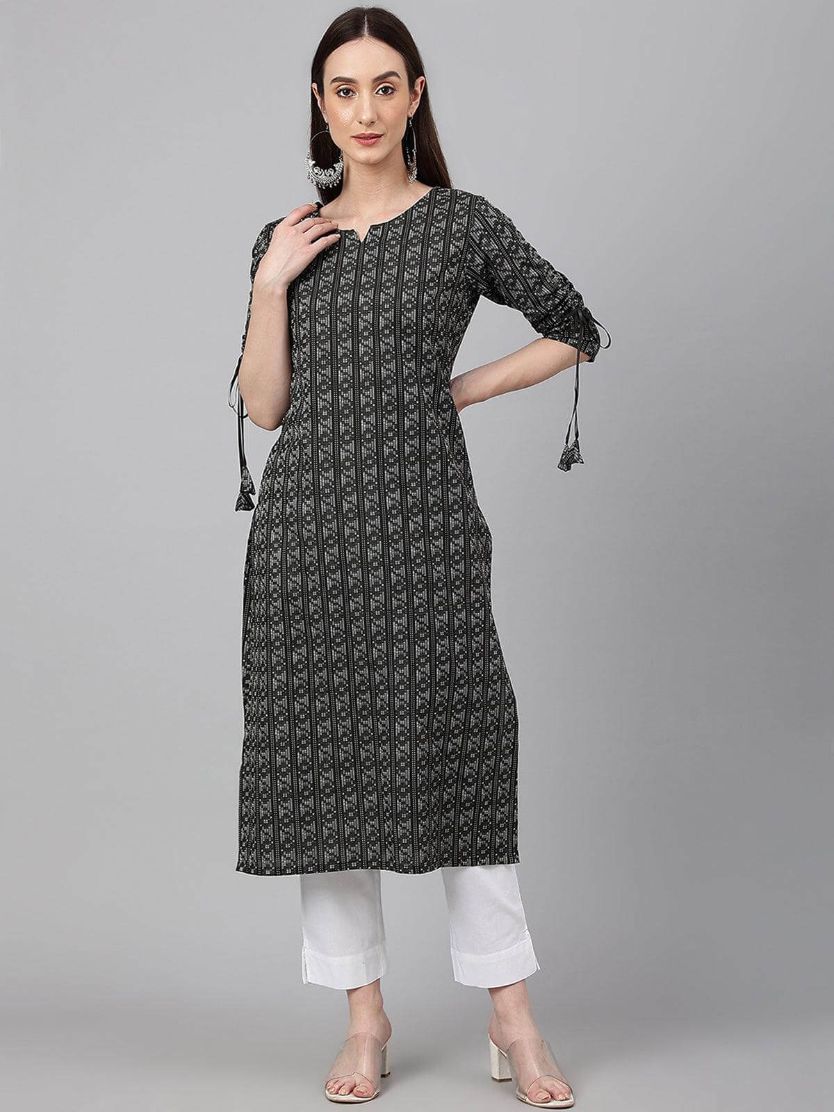 Black Cotton Woven Design Straight Kurta