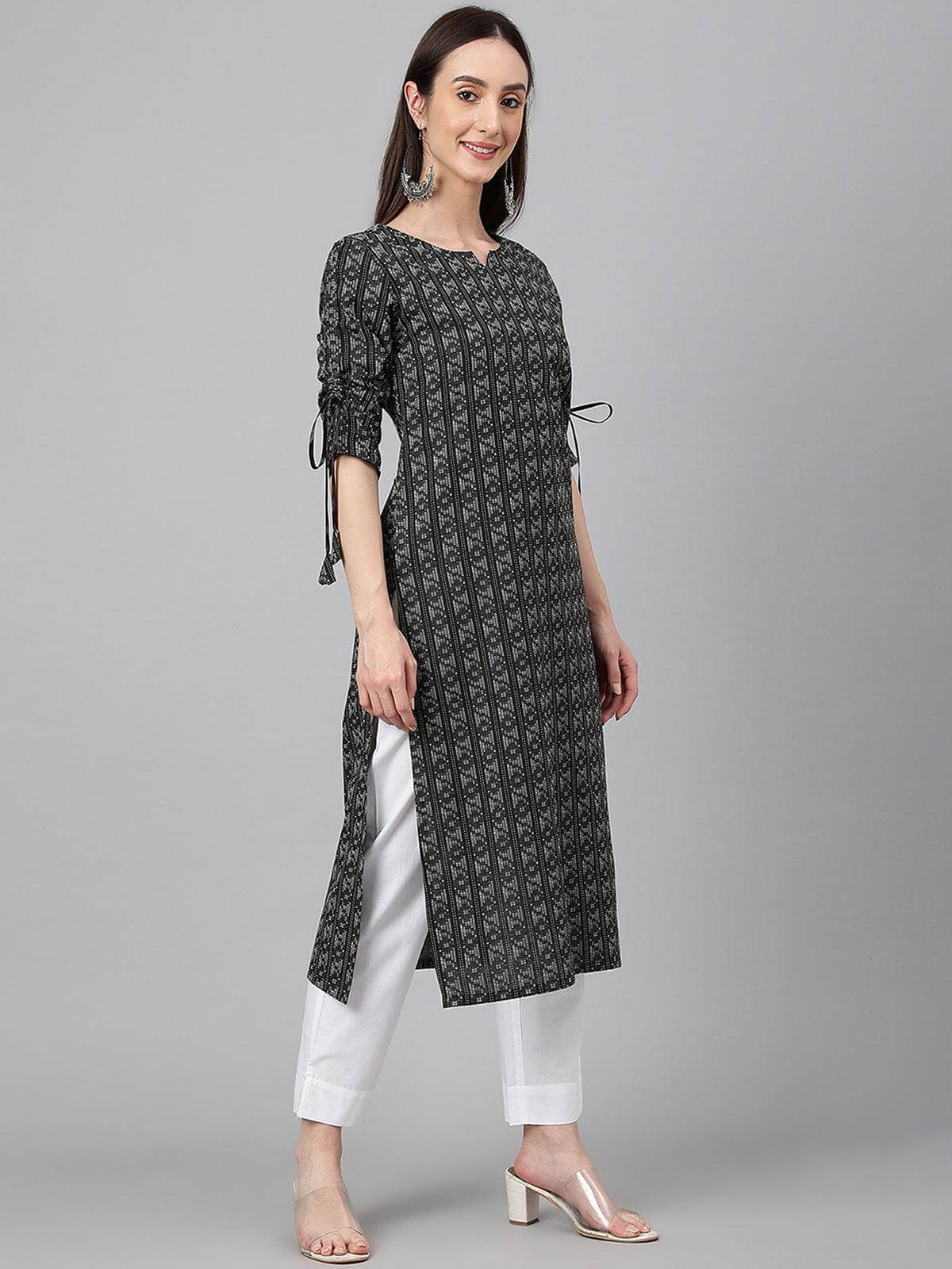 Black Cotton Woven Design Straight Kurta