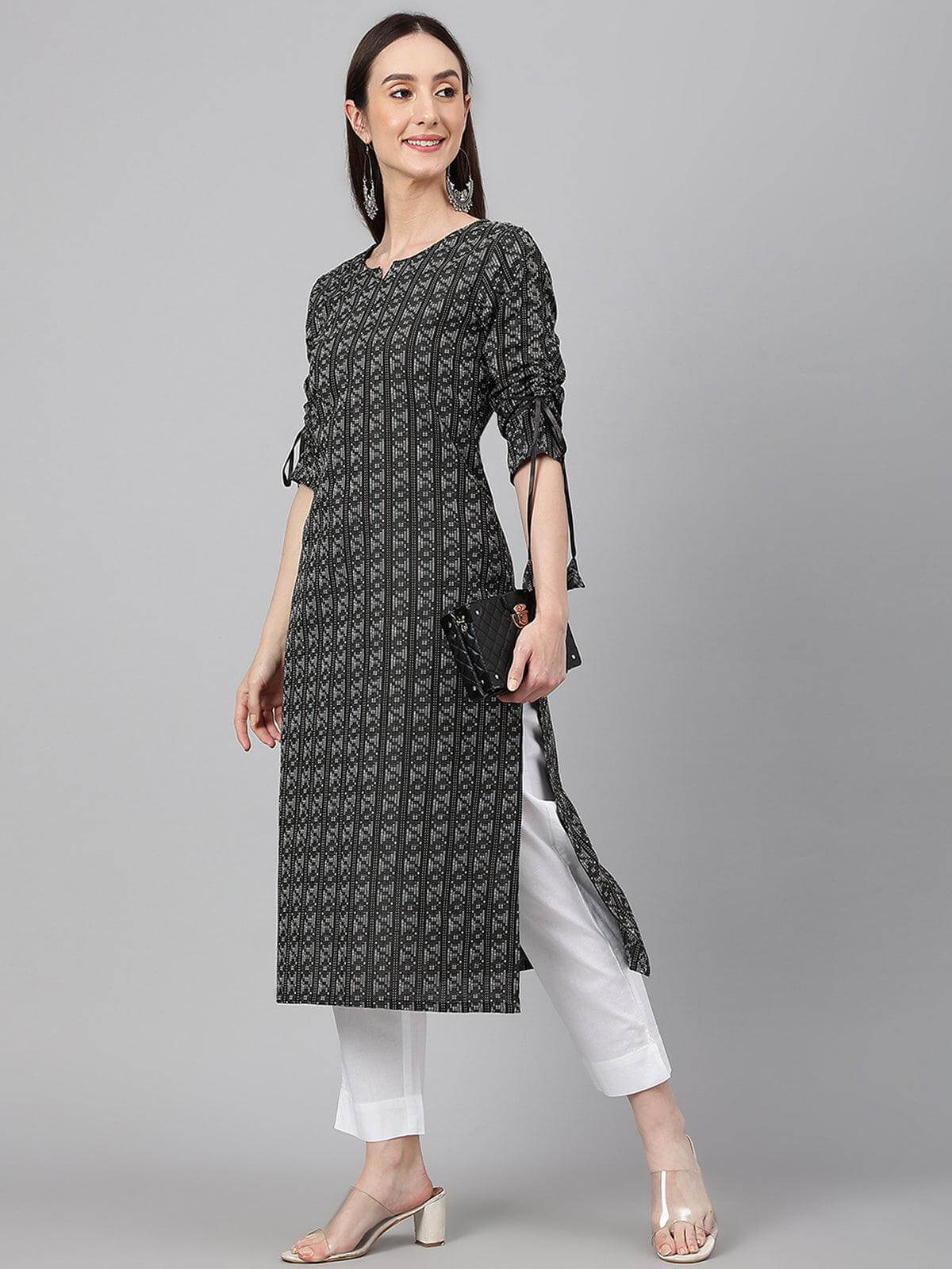 Black Cotton Woven Design Straight Kurta