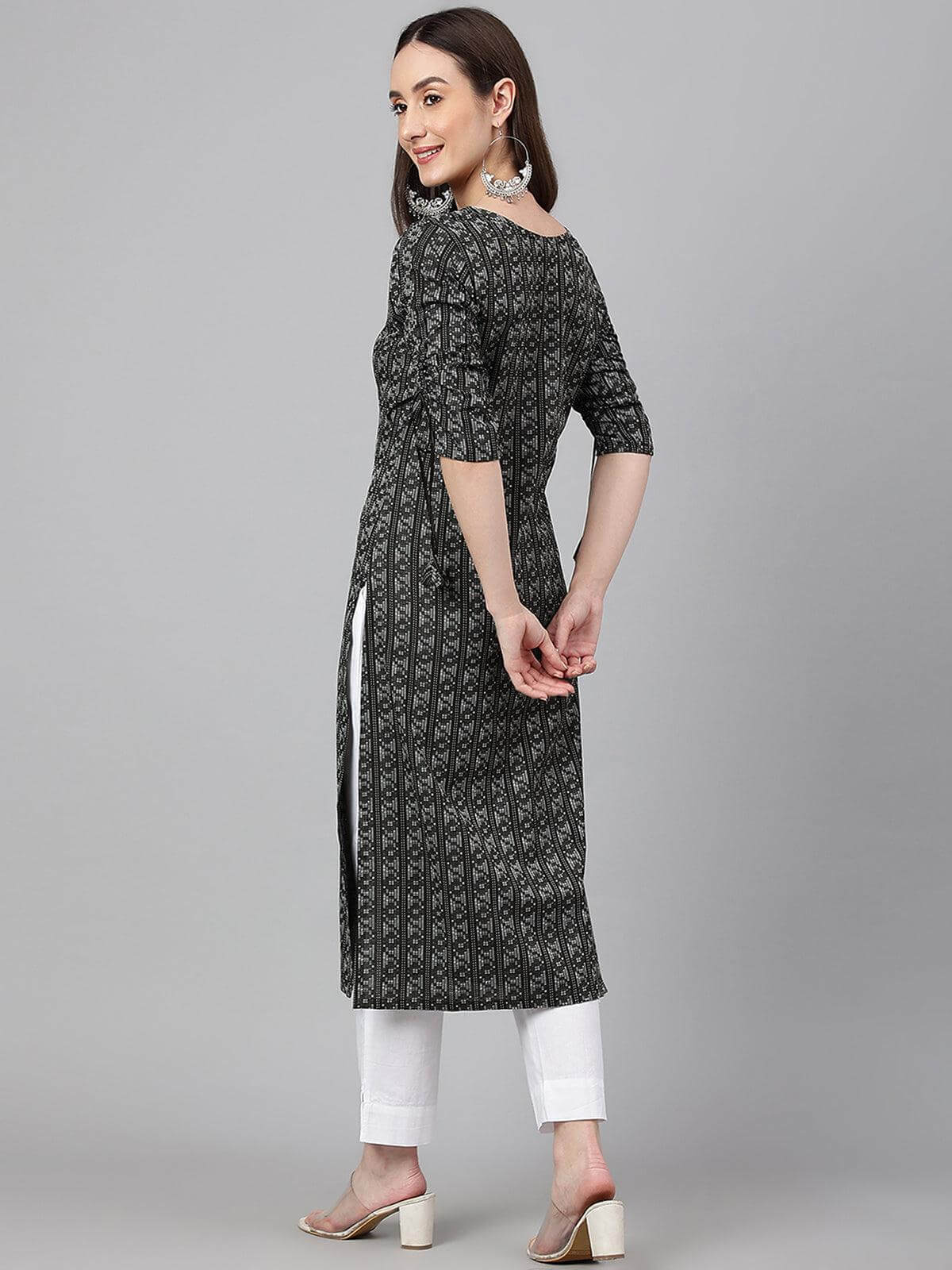 Black Cotton Woven Design Straight Kurta