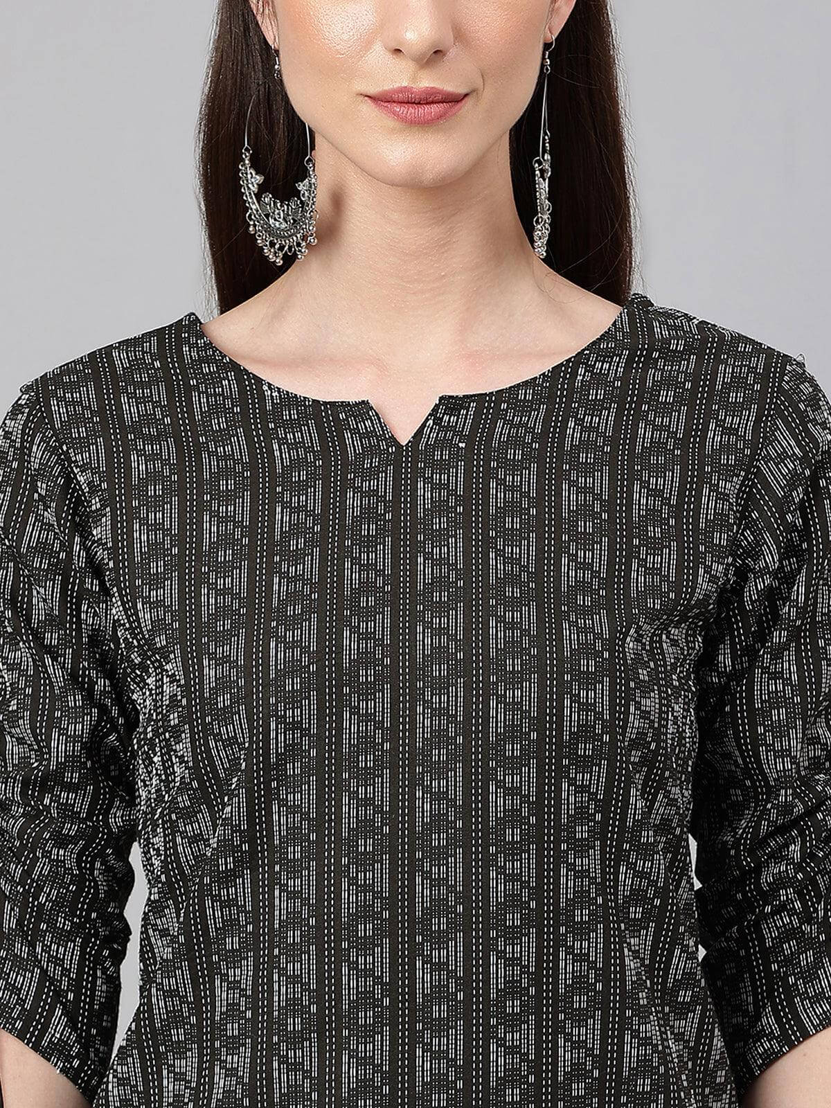 Black Cotton Woven Design Straight Kurta