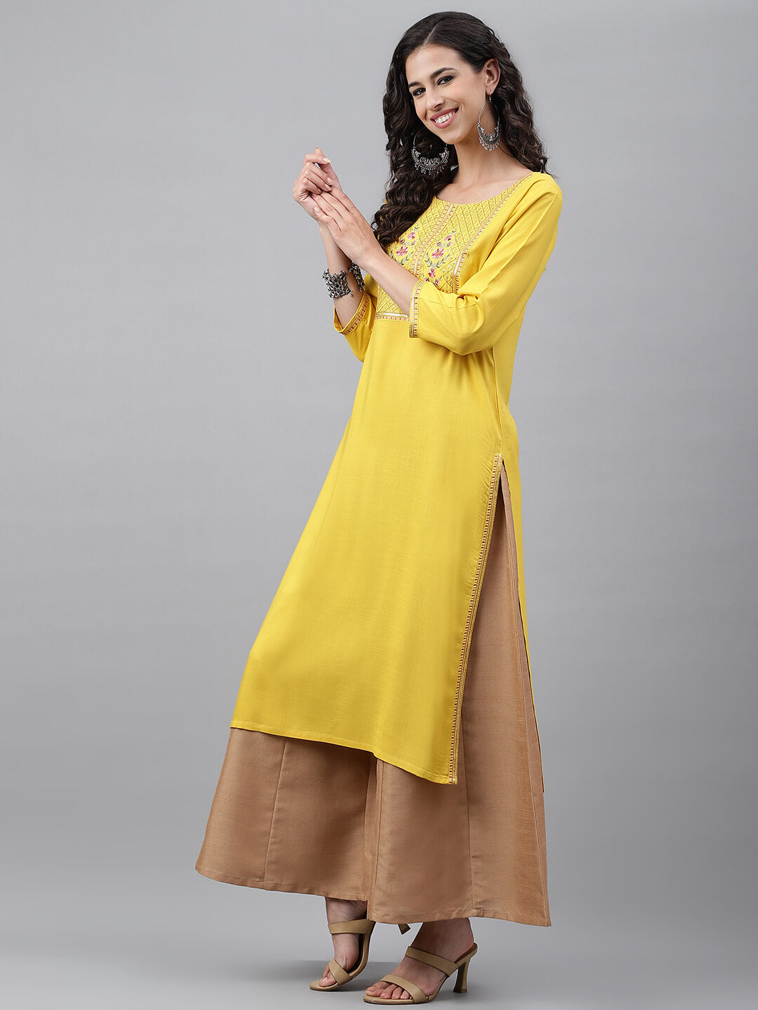 Mustard Poly Rayon Solid Straight Kurta