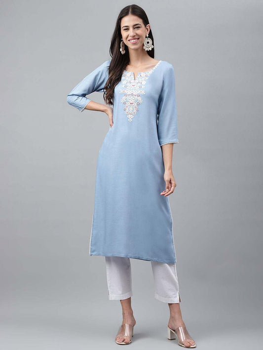 Light Blue Rayon Solid Straight Kurta