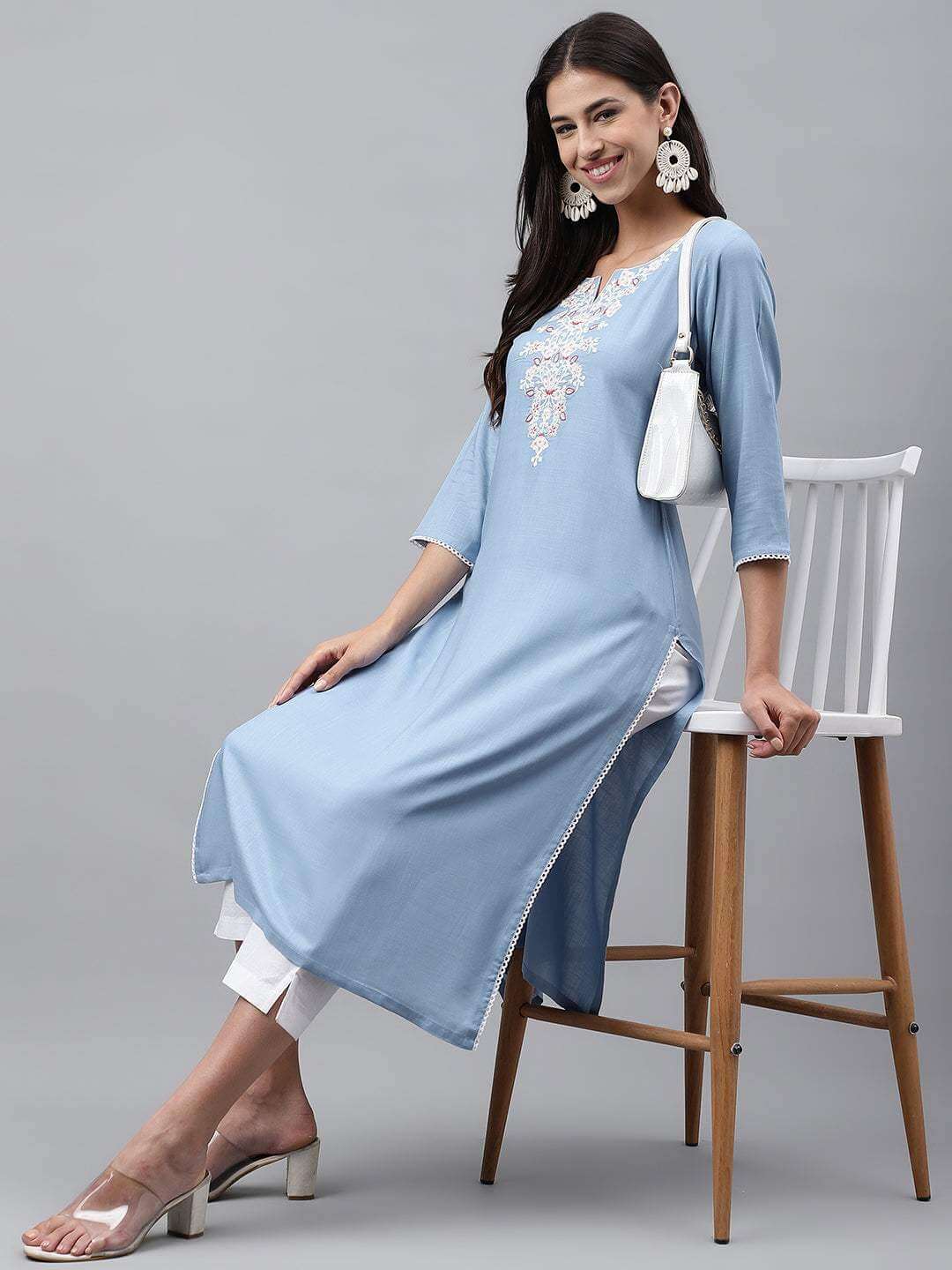 Light Blue Rayon Solid Straight Kurta