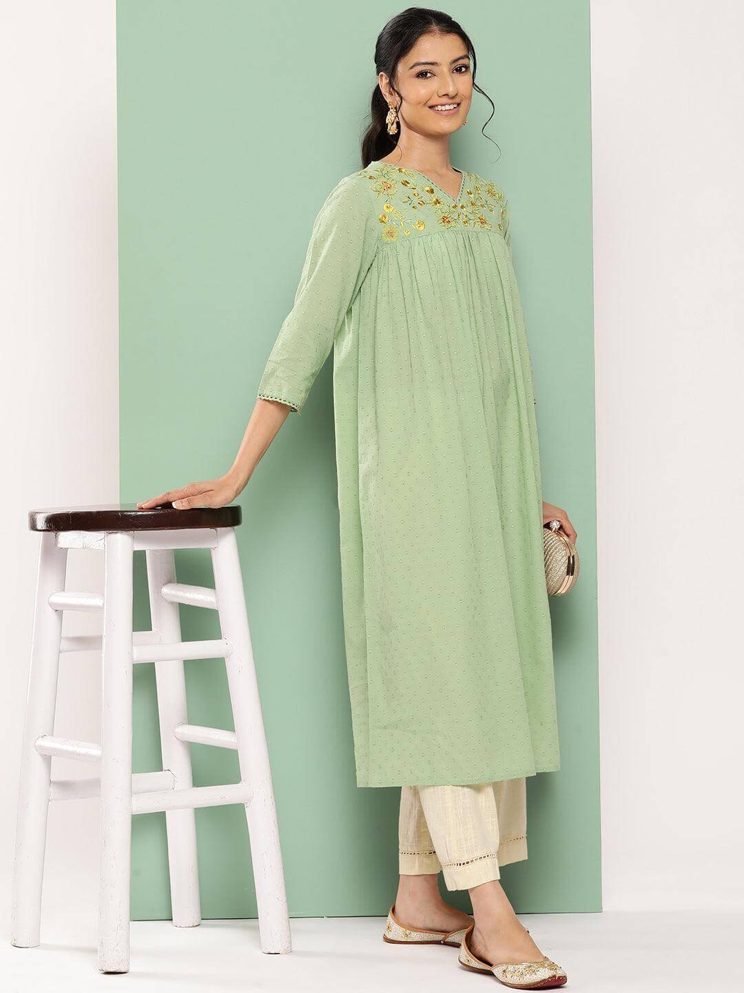 Sage Green Dobby Cotton Solid Empire Kurta